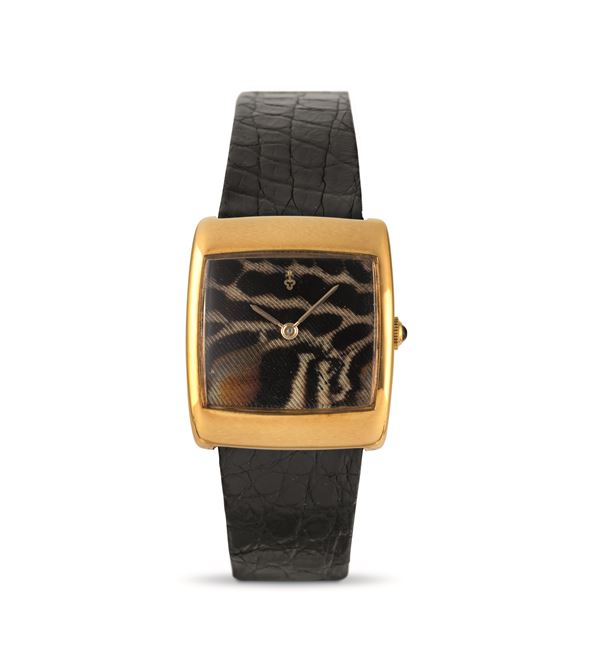 Intrigante orologio in oro giallo 18k con quadrante fantasia Piuma di Pavone, carica manuale
