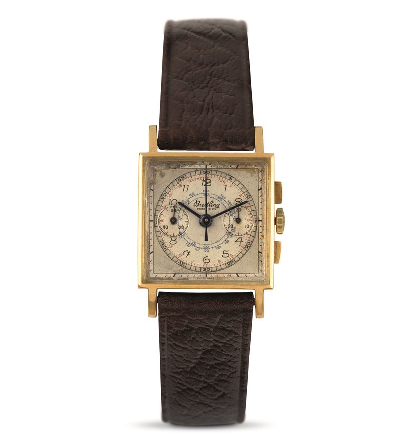 Breitling : Carrè chronograph 18k yellow gold square keys, two subdials Argentè bitonal dial  - Auction Watches - Cambi Casa d'Aste