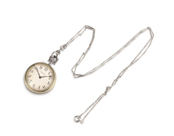 Cartier - Platinum neck watch with blue enamel back, Arabic numerals and Breguet spheres