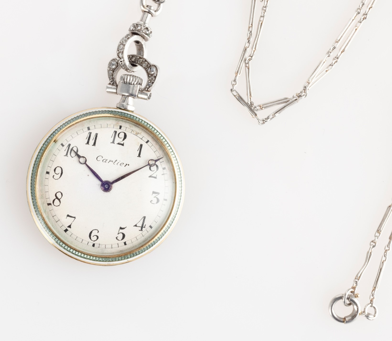 Cartier - Orologio da Collo in Platino con Smalto Azzurro al Retro, Numeri Arabi e Sfere Breguet