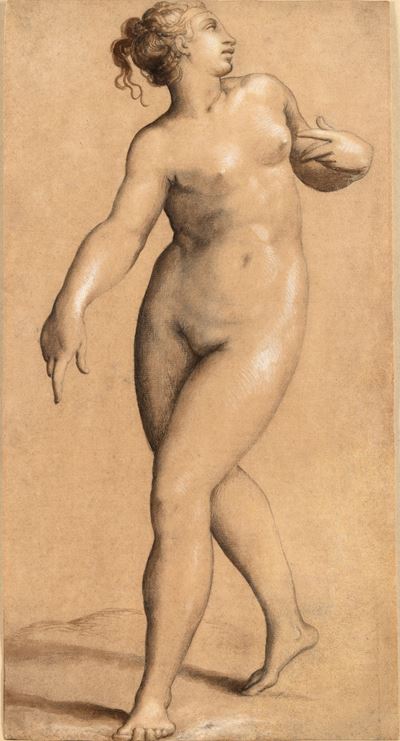 Figura femminile in piedi (probabile studio per Eva), matita nera, acquerello bruno e biacca su c...