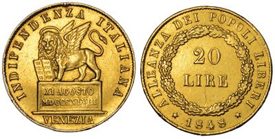 Venezia. Governo Provvisorio di Venezia, 1848-1849. 20 Lire 1848.