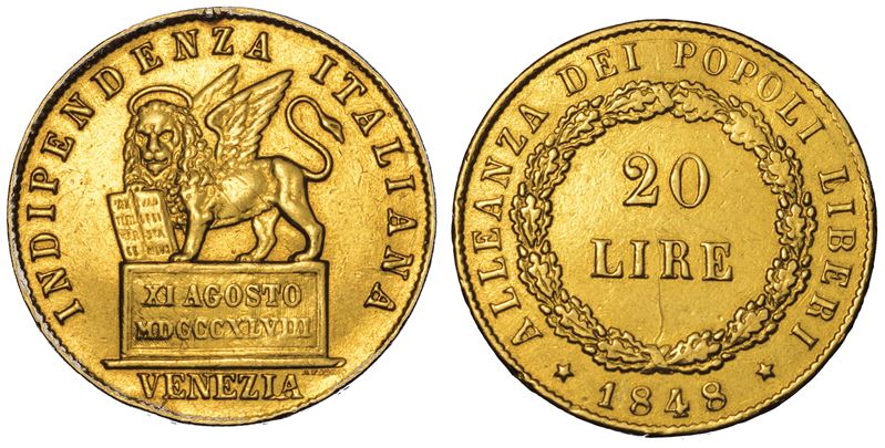 VENEZIA. GOVERNO PROVVISORIO DI VENEZIA, 1848-1849. 20 Lire 1848.  - Auction Numismatics - Cambi Casa d'Aste