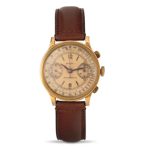 Rolex - Rare antimagnetic chronograph ref 2508 First series rose gold dial, two subdials with olive keys