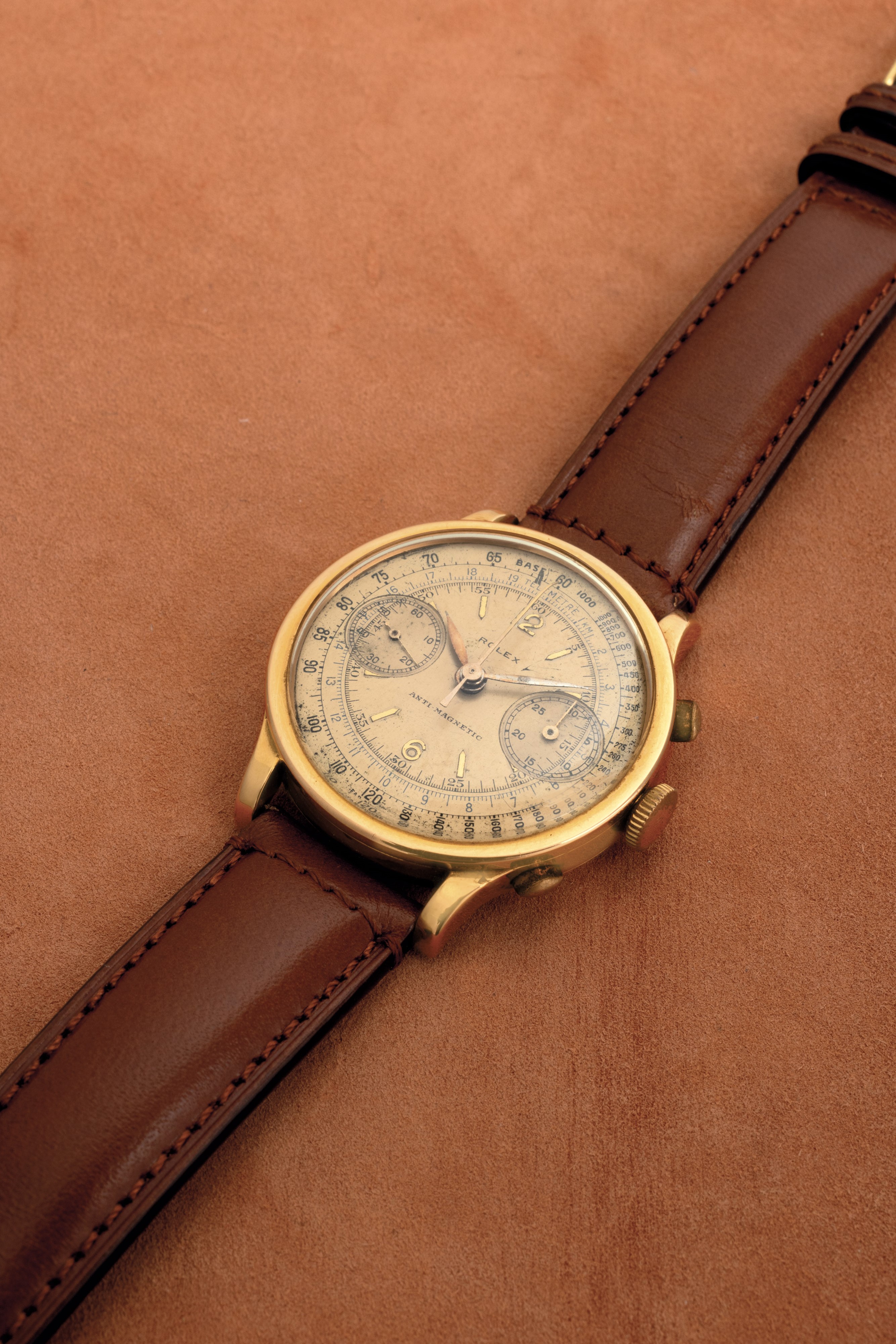 Rolex - Raro Cronografo Antimagnetico Ref 2508 Prima Serie in Oro Rosa Quadrante Rosa, Due Contat...