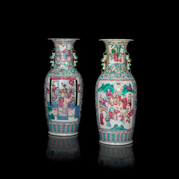 Pair of Rose Family porcelain vases with court scenes within reserves, floral decorations and relief dragon figures, China, Qing Dynasty, 19th century
