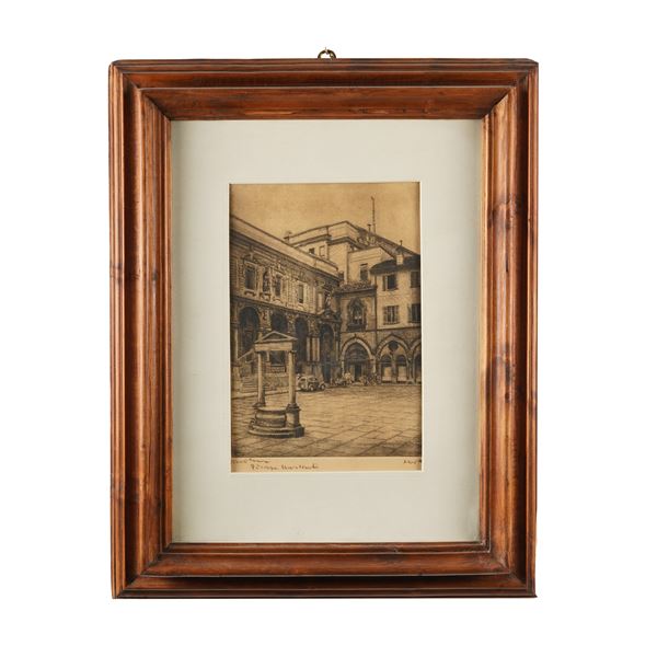 Litografia raffigurante Piazza Mercanti a Milano