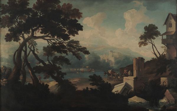 Scuola del XVIII secolo Paesaggio fluviale con rovine e viandanti