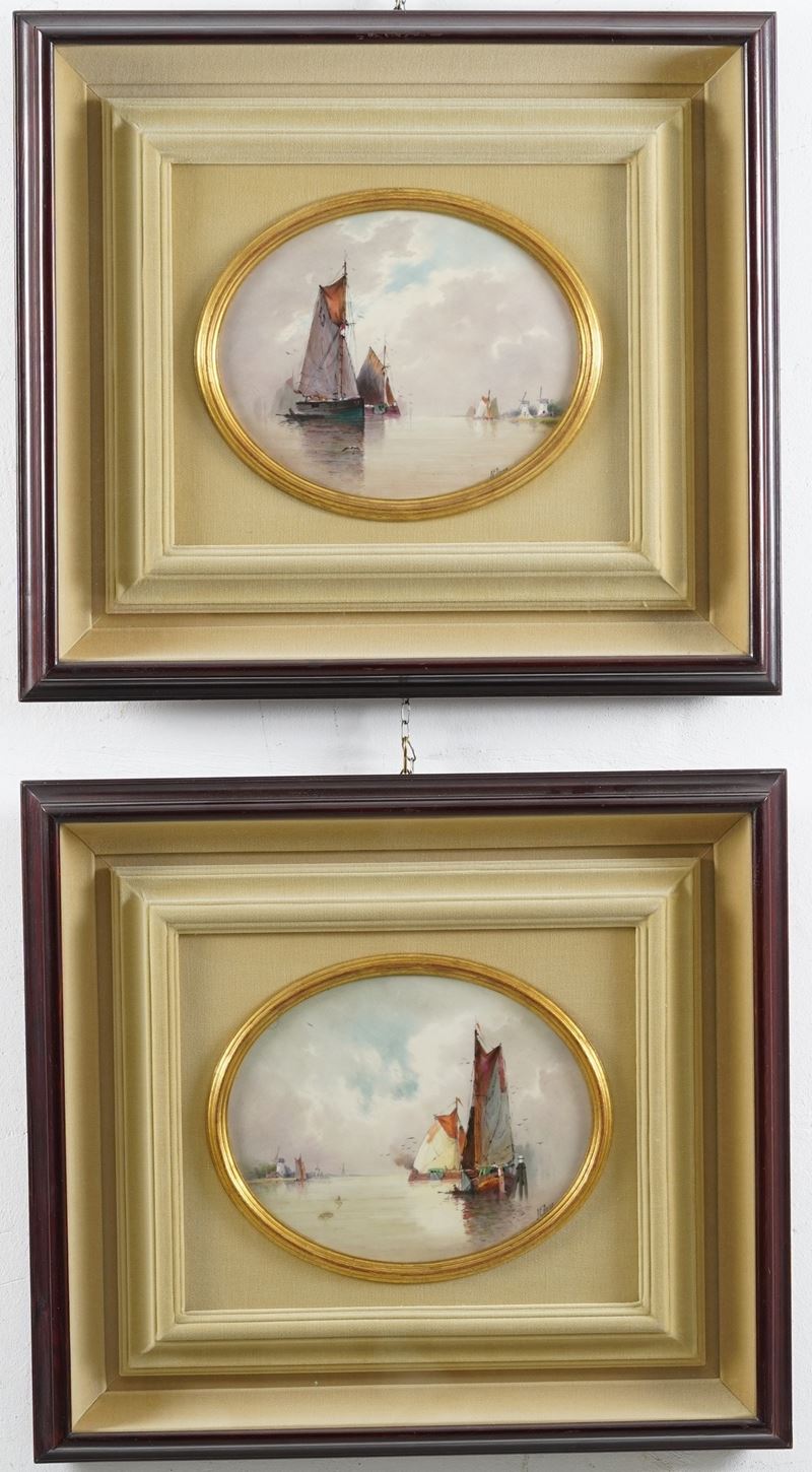 James Edwin Dean Coppia di targhe ovali su porcellana con vedute marine con barche  - Asta Dipinti del XIX e XX secolo - Cambi Casa d'Aste