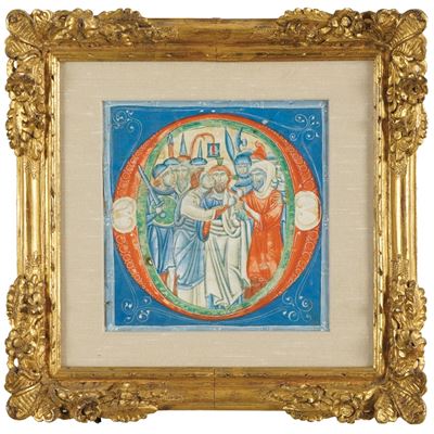 Grande Iniziale Miniata. Italia o Francia, Secolo XIV-XV il Bacio di Giuda e la Cattura di Cristo