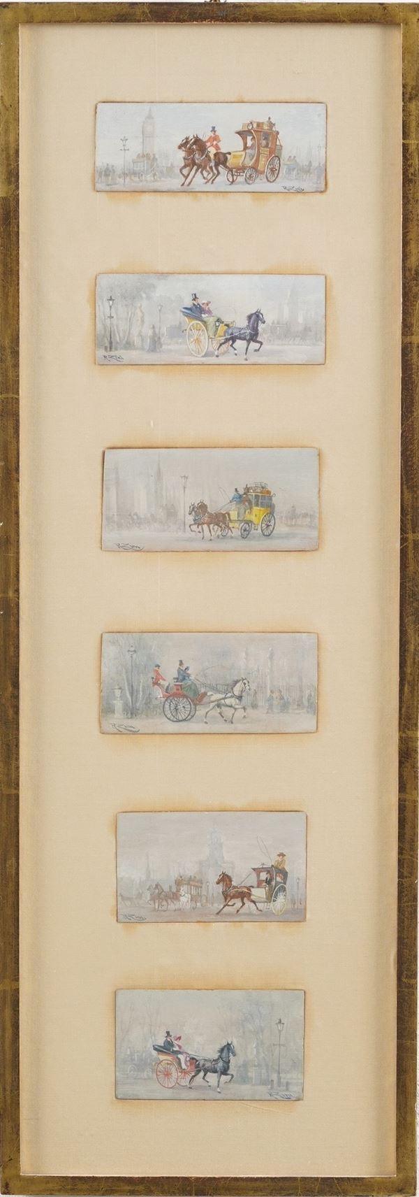 Sei piccoli dipinti con carrozze