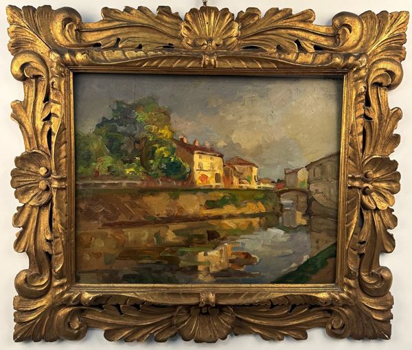 Pittore del XX secolo Veduta di canale con case