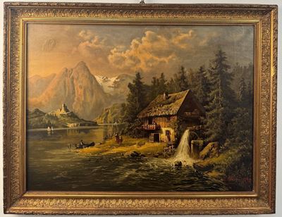 Pittore della Fine del XIX Secolo Veduta di Lago di Montagna; Veduta con Mulino