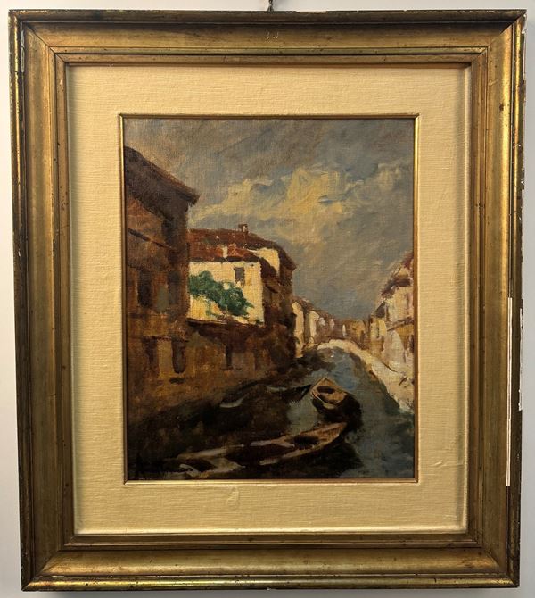 Achille Cattaneo (Limbiate 1872 - Milano 1931) Naviglio con barche