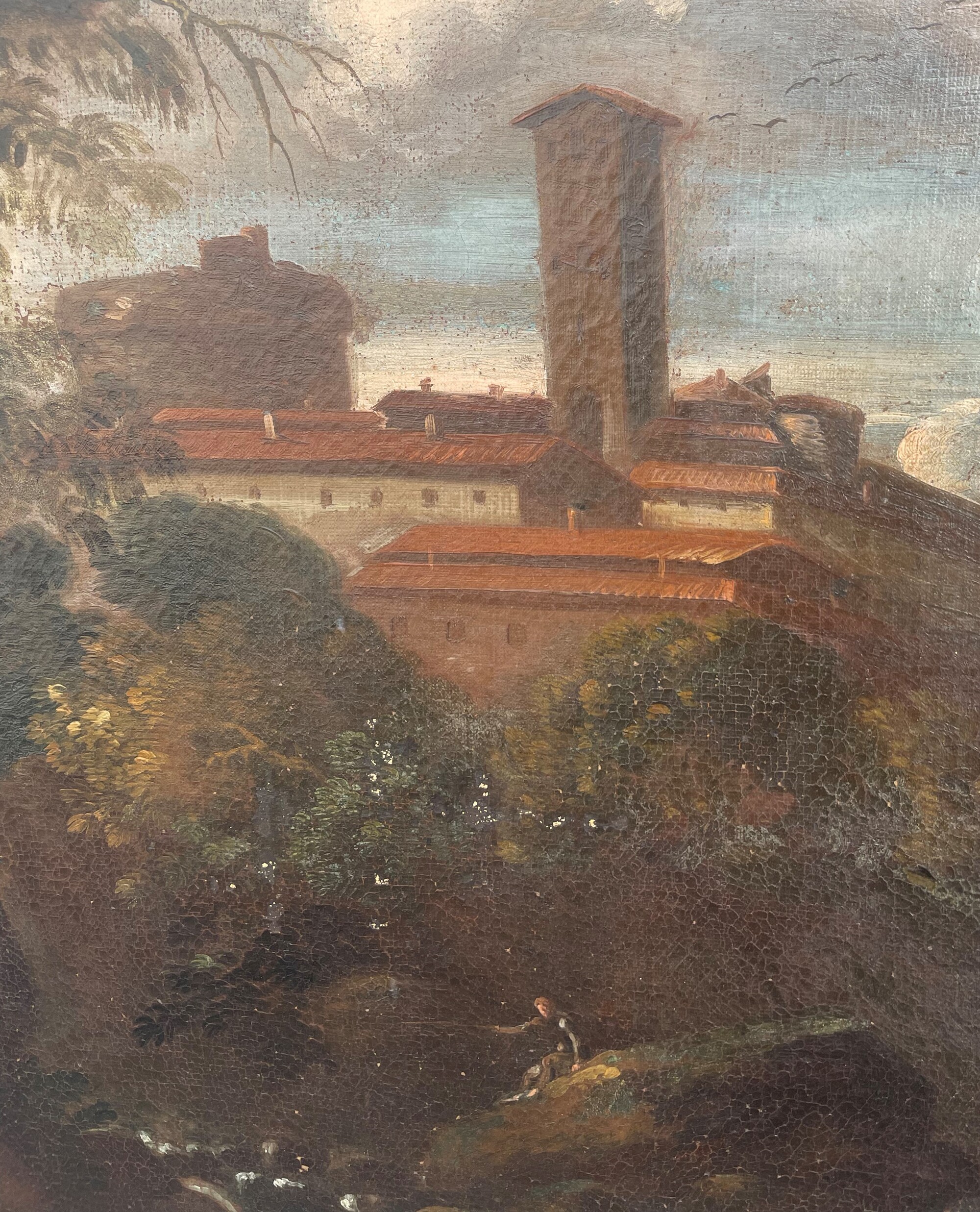 Scuola Veneta del XVIII Secolo Paesaggio con Paese e Pescatori