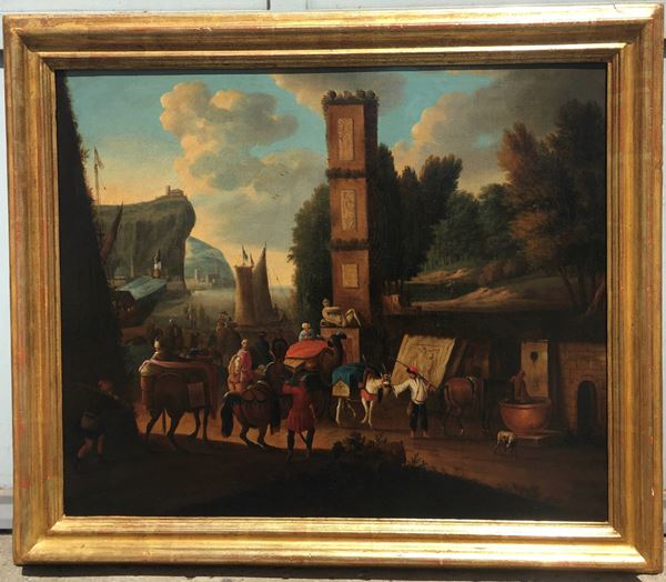 Anonimo fiammingo del XVIII secolo Veduta di porto con obelisco