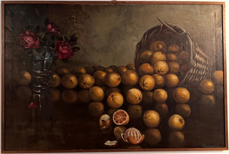 Pittore del XX secolo Natura morta con vaso di fiori e canestro di arance  - Auction Antique - Cambi Casa d'Aste