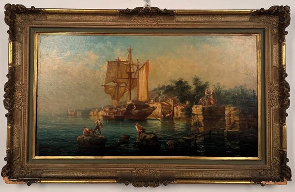 Pittore del XX secolo Scena di porto con veliero e pescatori