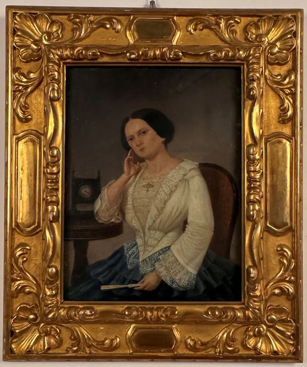 Anonimo del XIX secolo Ritratto di signora al tavolino con ventaglio