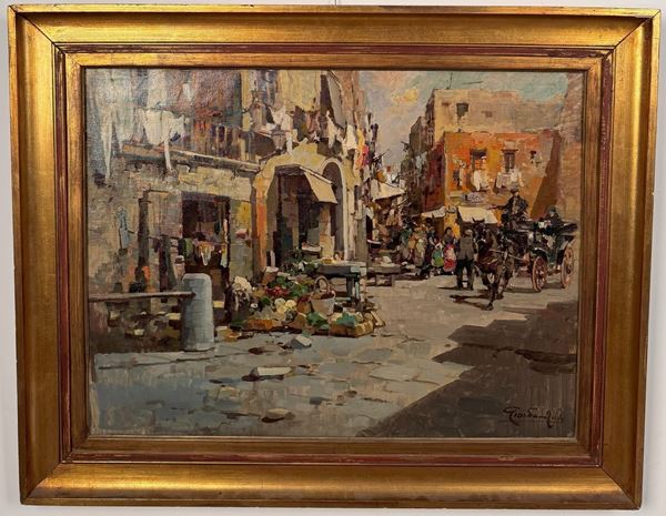 Giordano Felice (Napoli 1880 - Capri 1964) Vicolo di paese con mercato