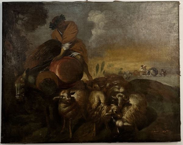 Pittore del XVII secolo Pastore con armenti e figure