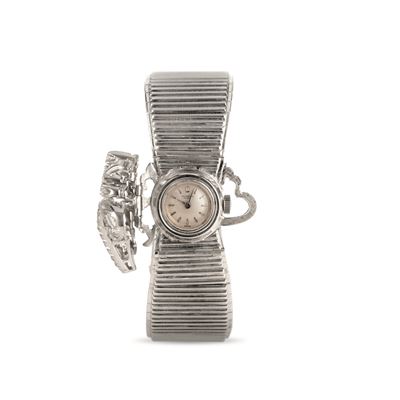 Raffinato Montre a Secret in Oro Bianco 18k con Diamanti e Apertura a Cerniera Laterale, Carica M...