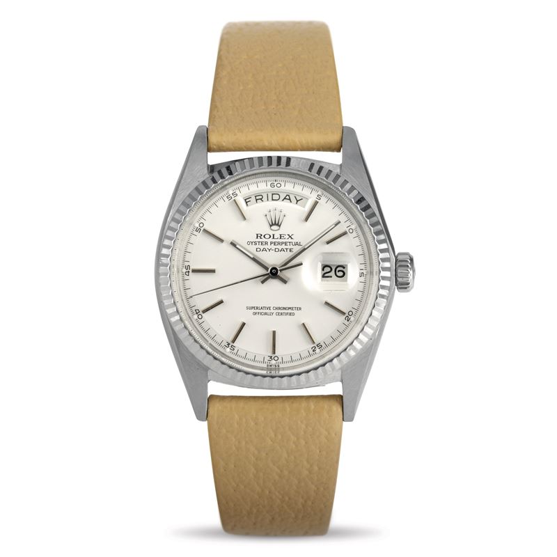Rolex : Elegant Daydate ref 1803 in 18k white gold, silver dial with baton hour markers  - Auction Watches - Cambi Casa d'Aste