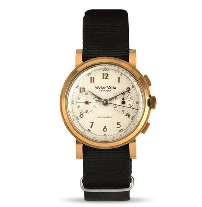 Raro Crronografo Due Contatori Oversize in Oro Giallo 18k Cassa Moneta, Carica Manuale Valjoux 22
