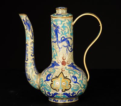 Brocca a Smalti Cloisonné Raffigurante Cane di Pho con Decori Geometrici, Cina,