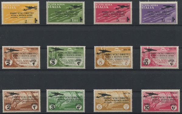 1934 - Regno d'Italia - Posta Aerea - Volo Roma-Buenos Aires, giri cpl. Regno e Colonie (Sass. 1511 S.28 e S.29) Tre serie complete, gomma integra.