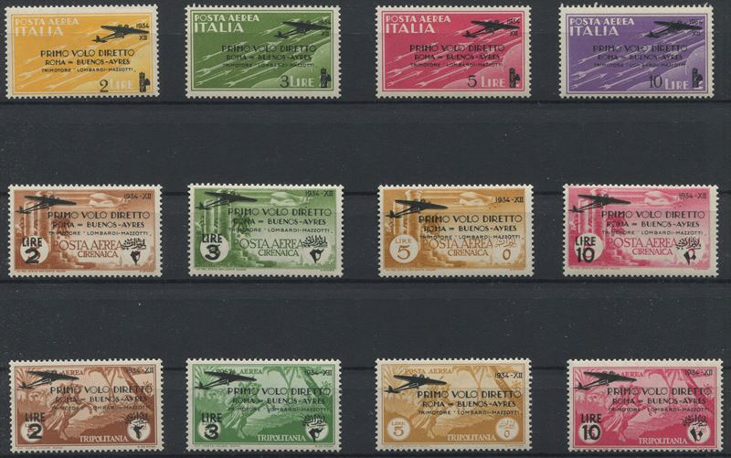 1934 - Regno d'Italia - Posta Aerea - Volo Roma-Buenos Aires, giri cpl. Regno e Colonie (Sass. 1511 S.28 e S.29) Tre serie complete, gomma integra.  - Auction Philately and Postal History - Cambi Casa d'Aste