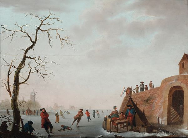 Scuola fiamminga XVIII secolo Paesaggio con pattinatori