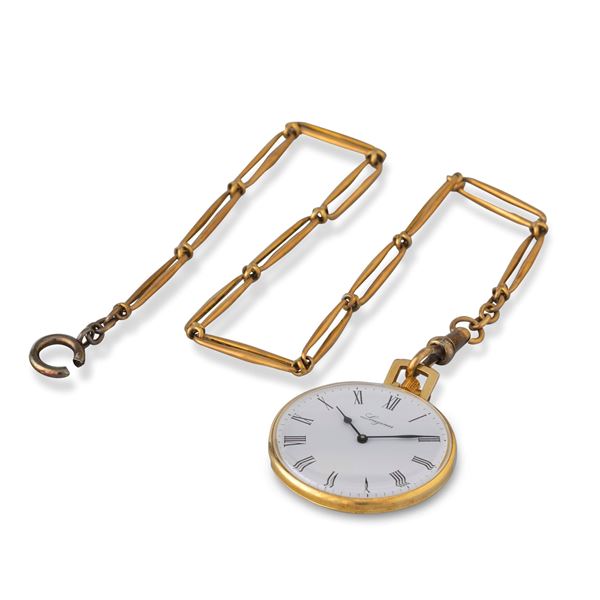 Longines - Orologio da tasca in oro giallo 18k, quadrante bianco con numeri Romani, carica manuale 39 mm, peso 34 g, catena 28,6 g