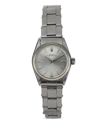 Oyster Perpetual, Ref 6551, Quadrante Argentè con Indici a Bastone, Bracciale Rivettato Elastico ...