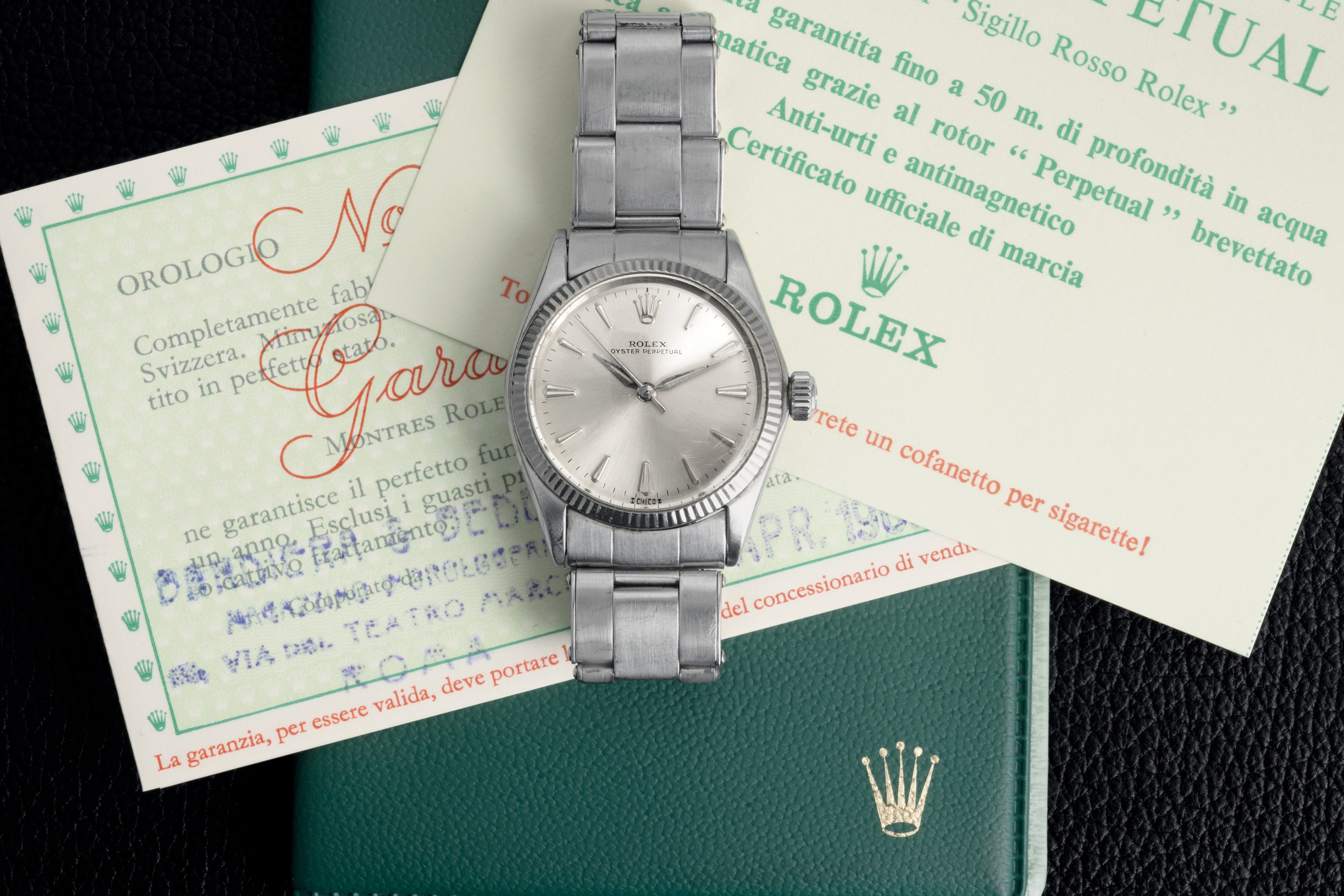 Rolex - Oyster Perpetual, Ref 6551, Quadrante Argentè con Indici a Bastone, Bracciale Rivettato E...