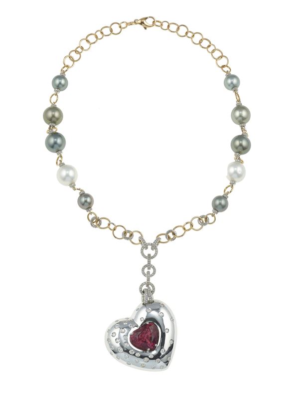 Cultured pearl, diamond, rubellite and gold necklace