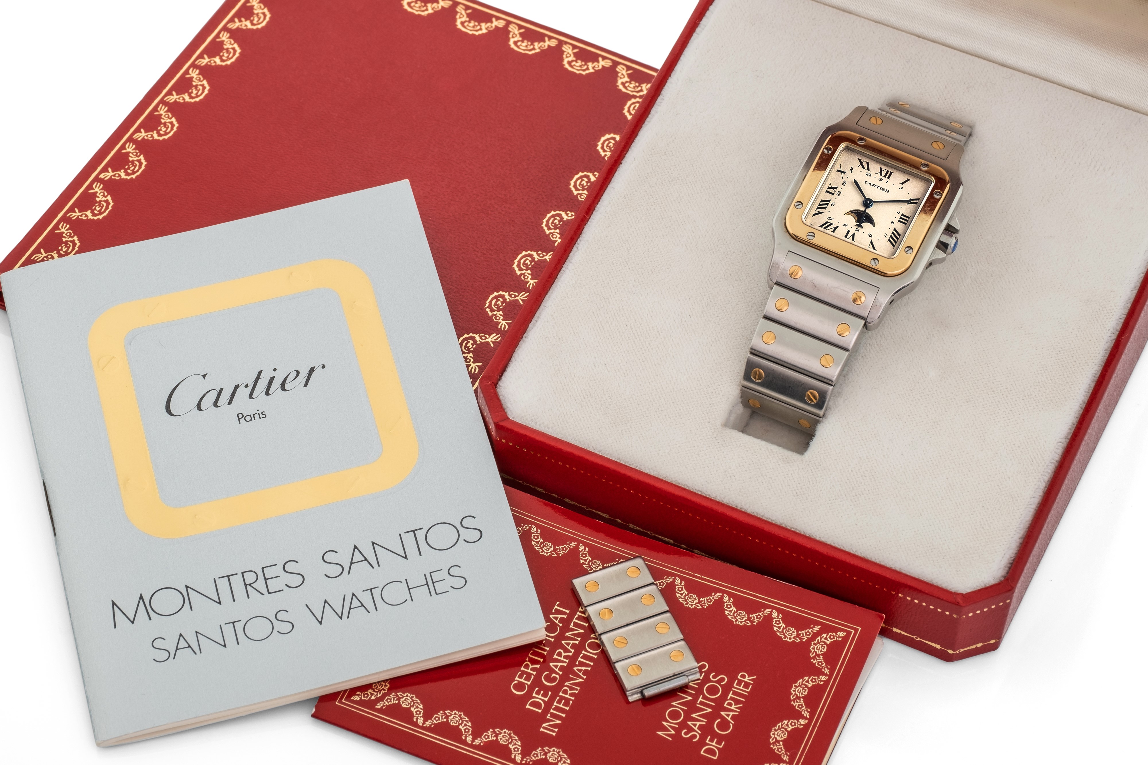 Cartier - Santos Calendario Moonphase Acciaio e Oro, Quadrante Argentè Corredato da Scatola e Gar...