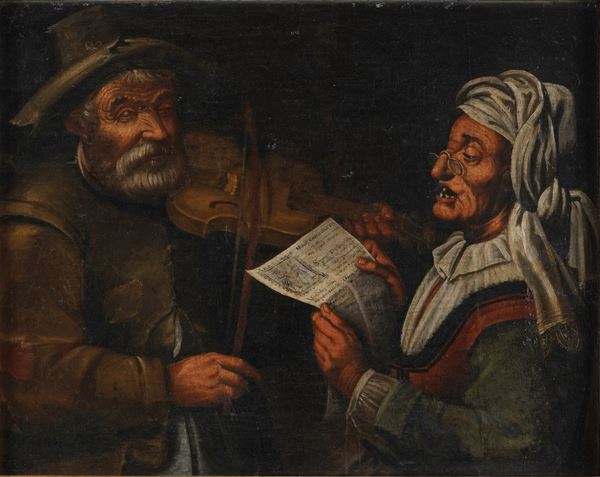 Scuola del XVIII secolo Scena di genere con suonatore di violino