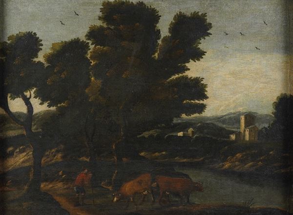 Scuola del XVIII secolo Paesaggio con pastori e armenti