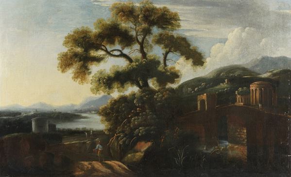 Scuola del XVIII secolo Paesaggio fluviale con figure e architetture sulla sfondo