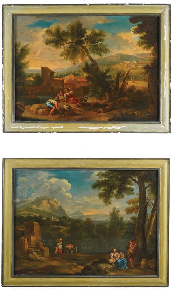 Scuola veneta del XVIII secolo Paesaggi con contadini in riva al fiume