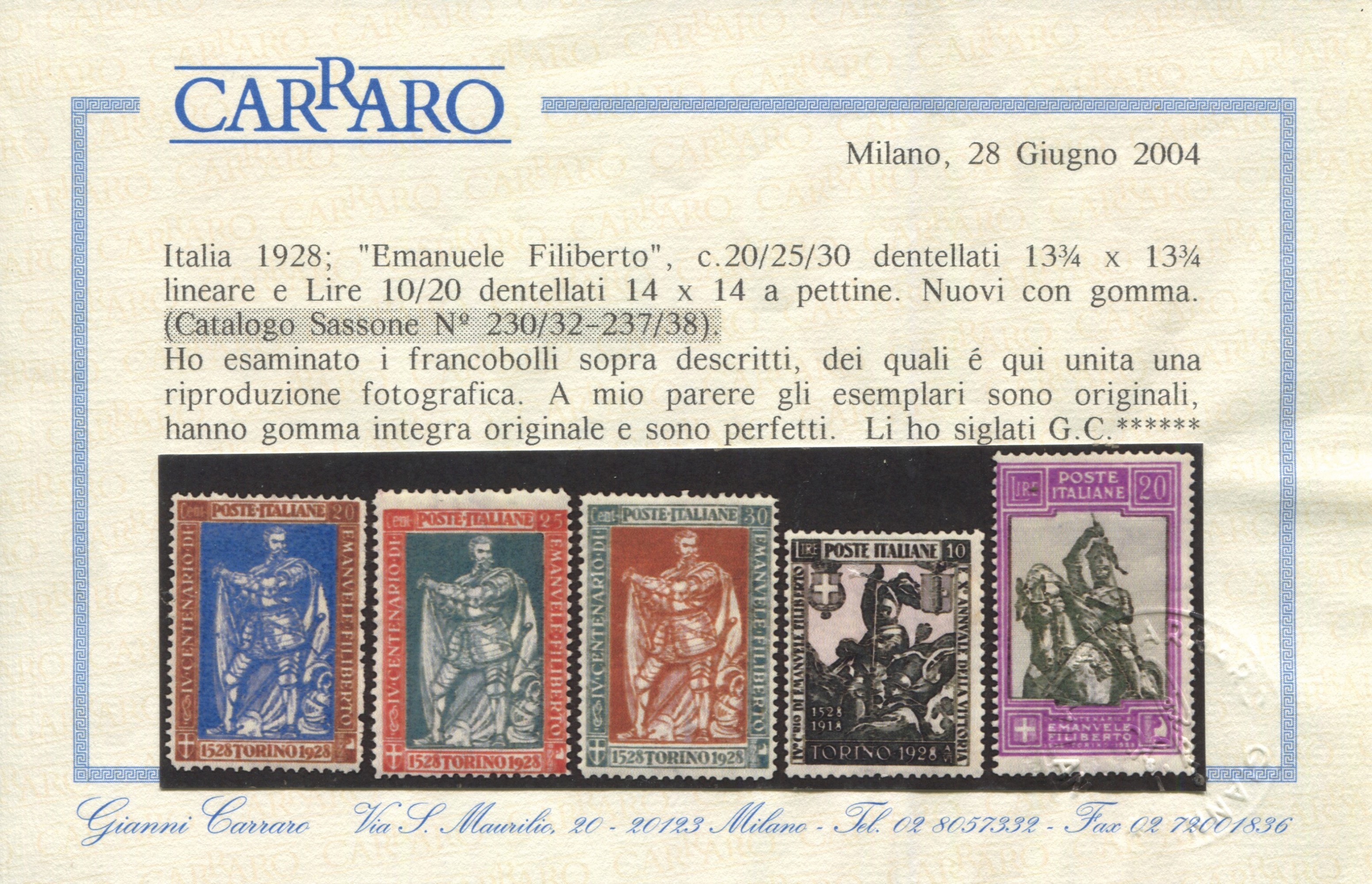 1928 - Regno D’italia - 4° Centenario della Nascita di Emanuele Filiberto (sass. 48)