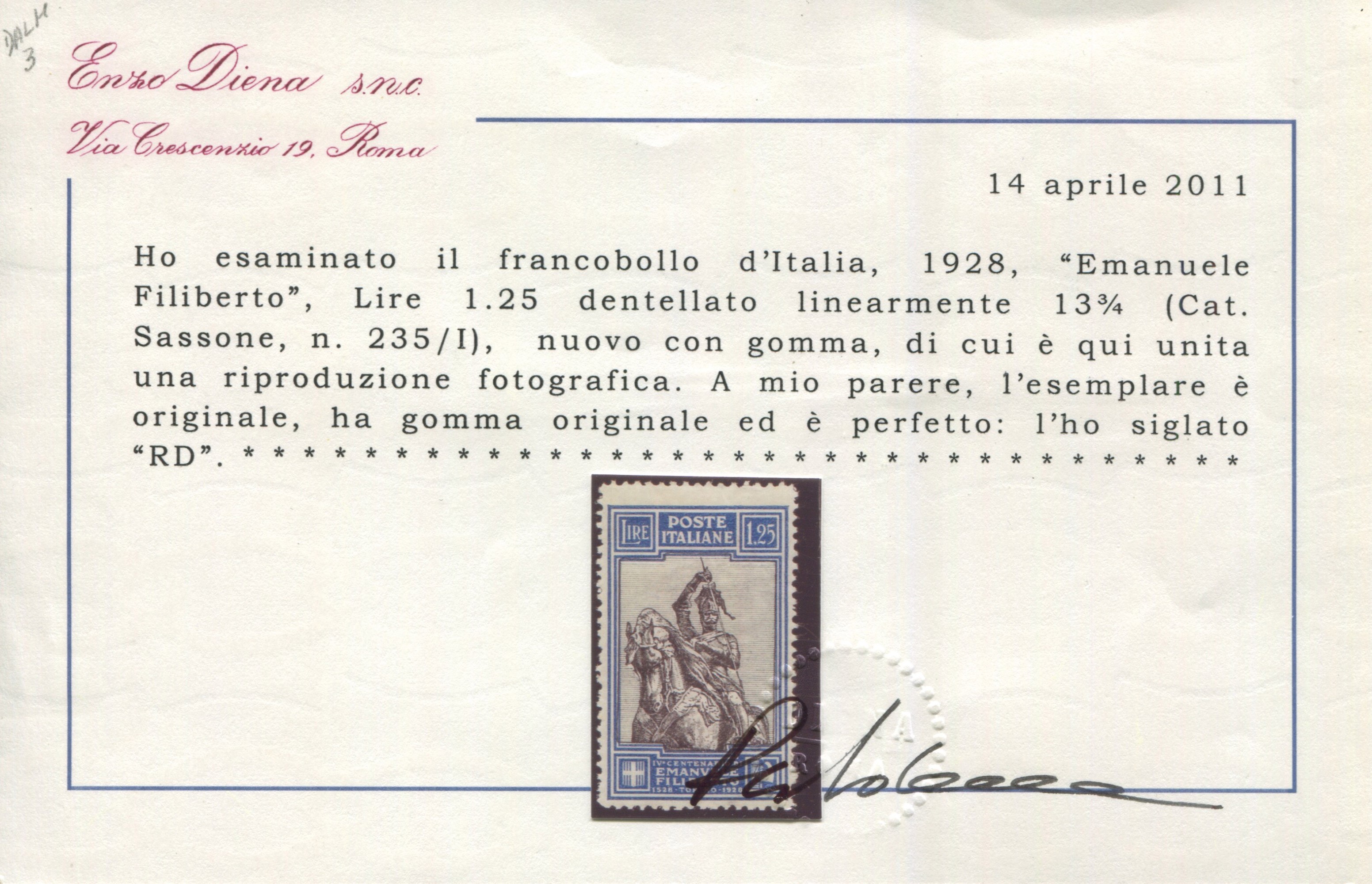 1928 - Regno D’italia - 4° Centenario della Nascita di Emanuele Filiberto (235/i)