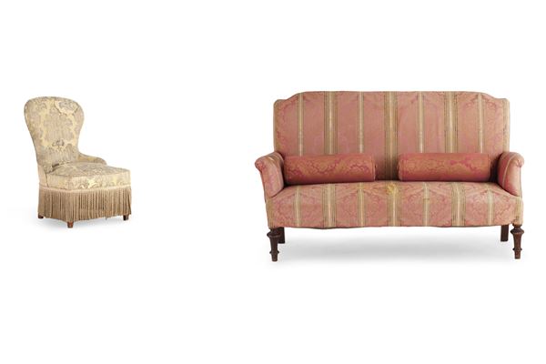 Divanetto e poltroncina imbottiti. XIX secolo
