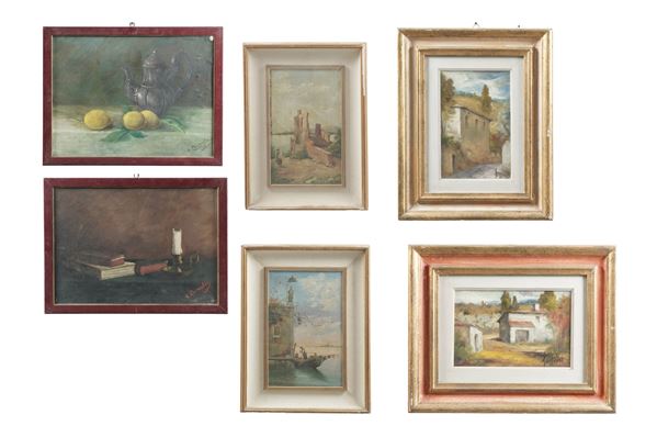 Lotto di sei dipinti a olio. XX secolo