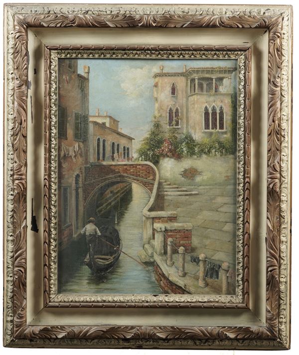 Pittore del XX secolo Canale veneziano con gondola