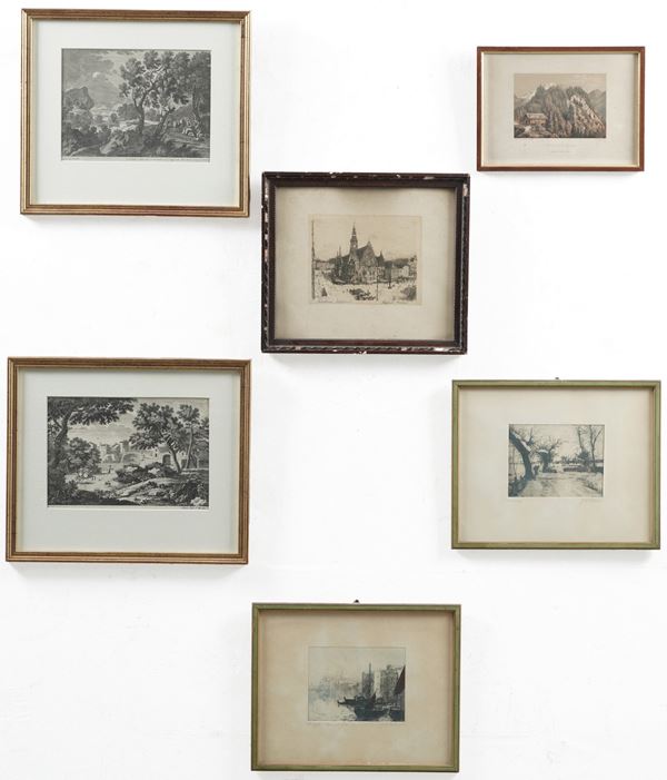 Lotto di sei stampe con vedute di città e paesaggi
