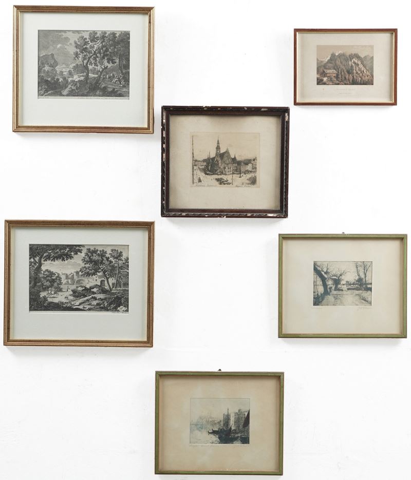 Lotto di sei stampe con vedute di città e paesaggi  - Auction Antiques - Cambi Casa d'Aste