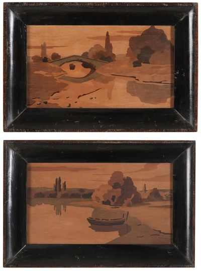 Due Paesaggi Fluviali in Legno Intarsiato. XX Secolo
