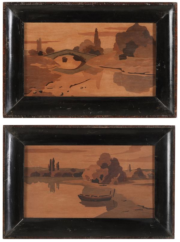 Due paesaggi fluviali in legno intarsiato. XX secolo